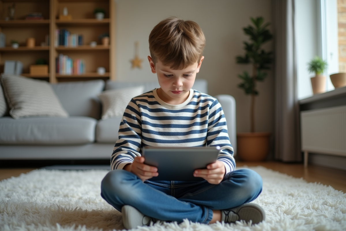 Jeune garçon de 8 ans avec tablette dans le salon
