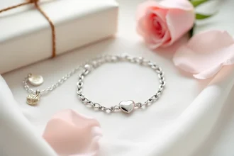 Gourmette en argent pour bébé posée sur tissu blanc avec pétales de rose, bijou de baptême délicat et personnalisé