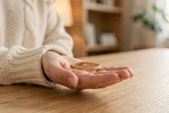 Gourmette enfant en or jaune posée dans la main d'une femme portant un pull en laine crème, sur une table en bois clair