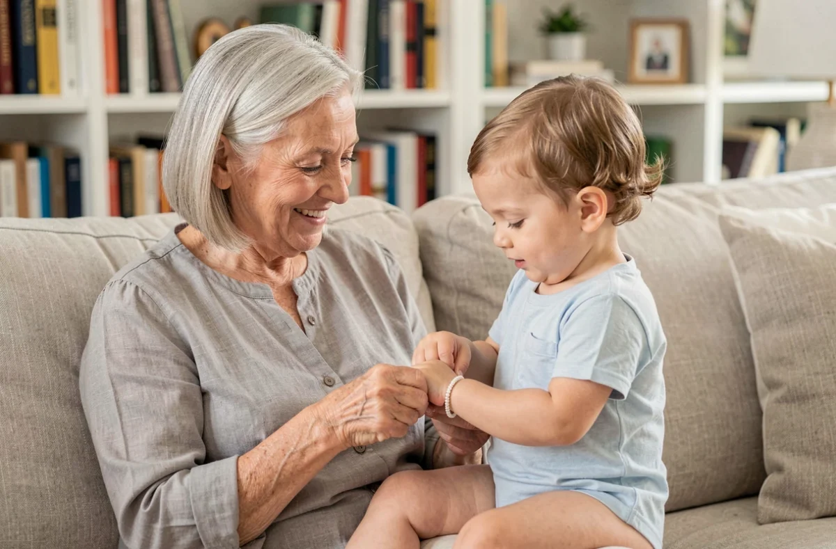 Grand-mère attachant une gourmette en or blanc au poignet d'un enfant en bas âge sur un canapé en lin