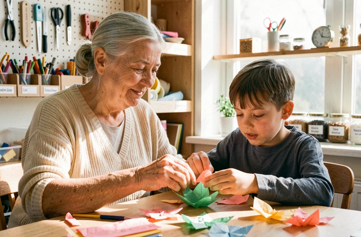 Grand-mère aidant un enfant à confectionner une fleur en origami en papier de soie pour la fête des mères dans un atelier artisanal