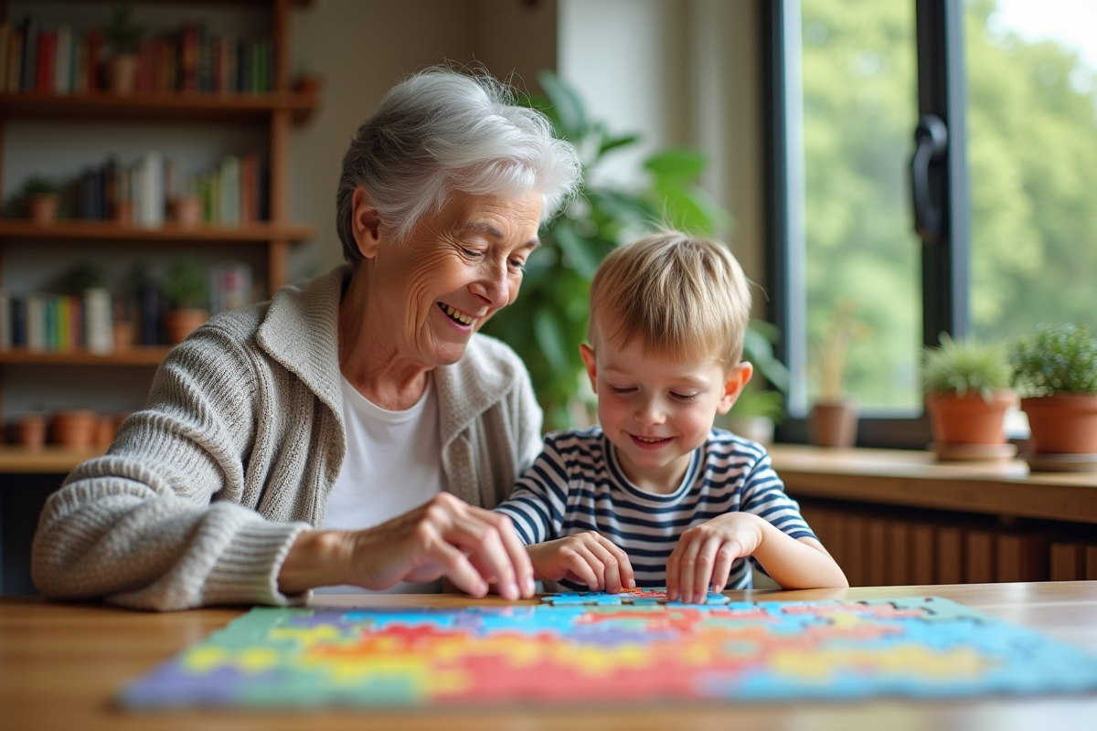 Souriante grand-mere et enfant jouent au puzzle ensemble