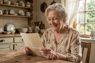 Grand-mère lisant un poème manuscrit avec émotion dans une cuisine de campagne