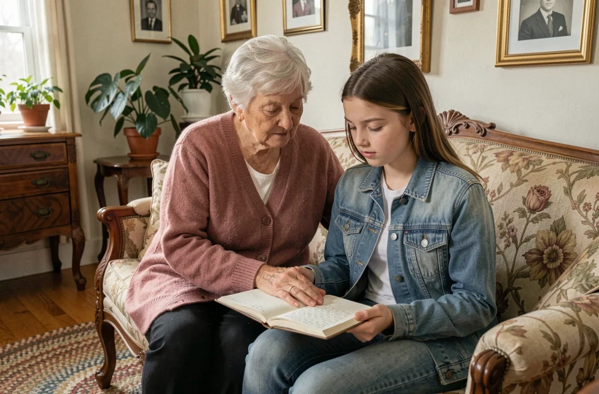 Grand-mère et petite-fille partageant un poème écrit à la main dans un salon chaleureux