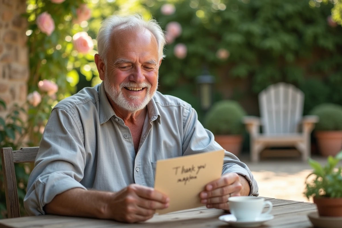 Grand-père ému lisant une carte de remerciement de baptême dans un jardin fleuri