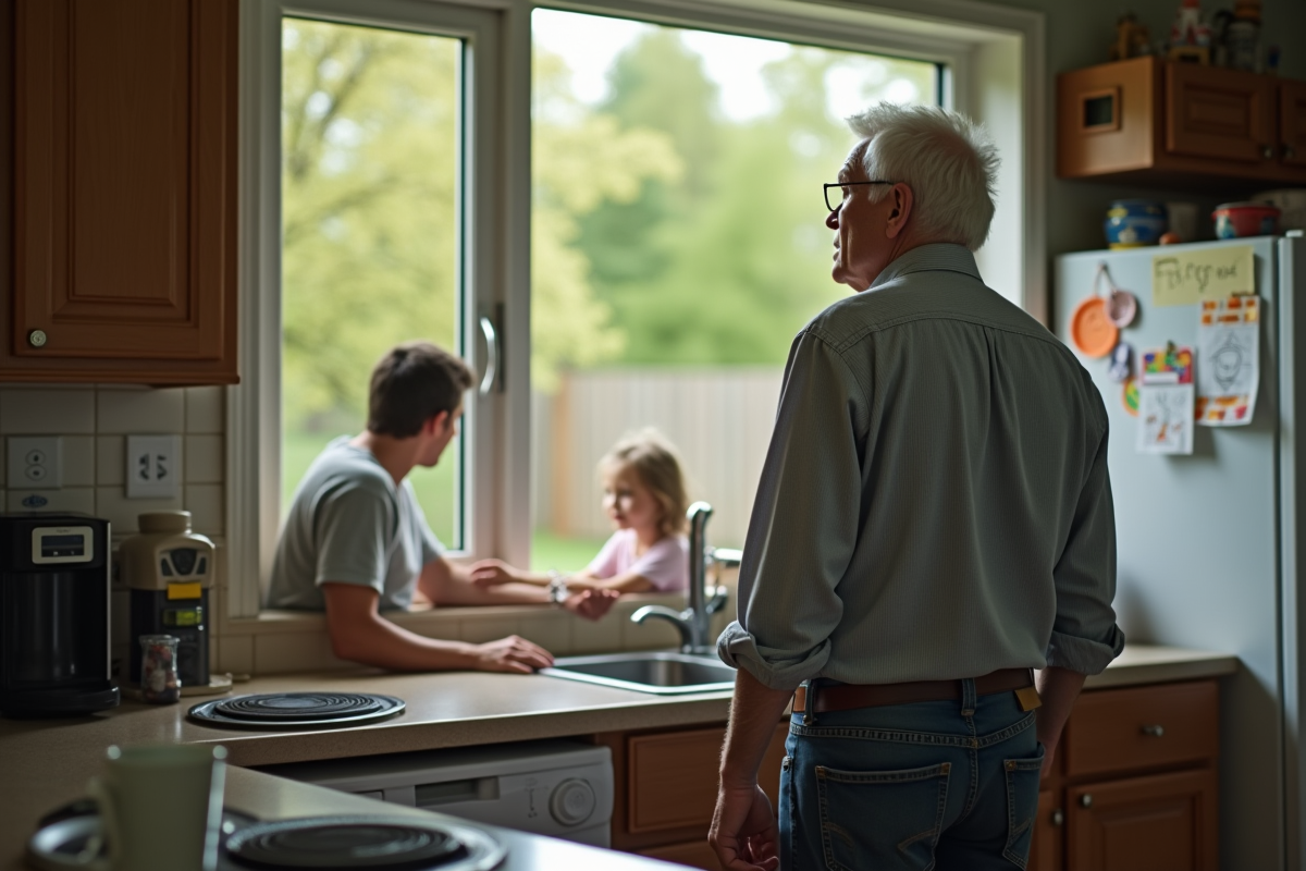 Grand-père regarde pensivement par la fenêtre du jardin