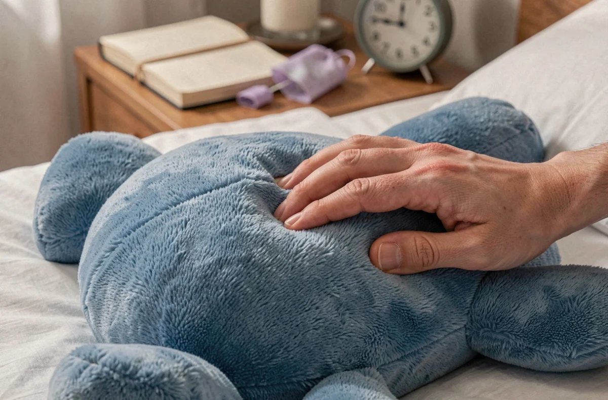 Gros plan d'une peluche Stitch respirante posée sur un lit adulte avec une main qui en teste le mécanisme apaisant