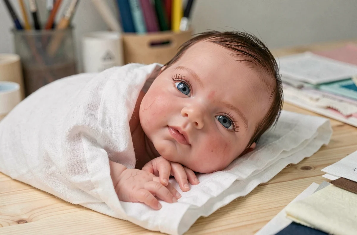 Gros plan sur le visage et les mains d'un bébé reborn en silicone posé sur une mousseline blanche, montrant des détails réalistes de peau et de cheveux
