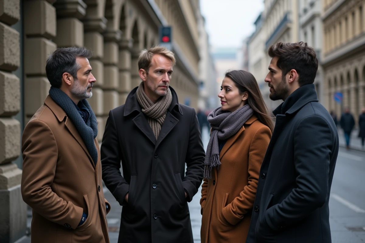 Groupe de quatre personnes écoutant attentivement en ville