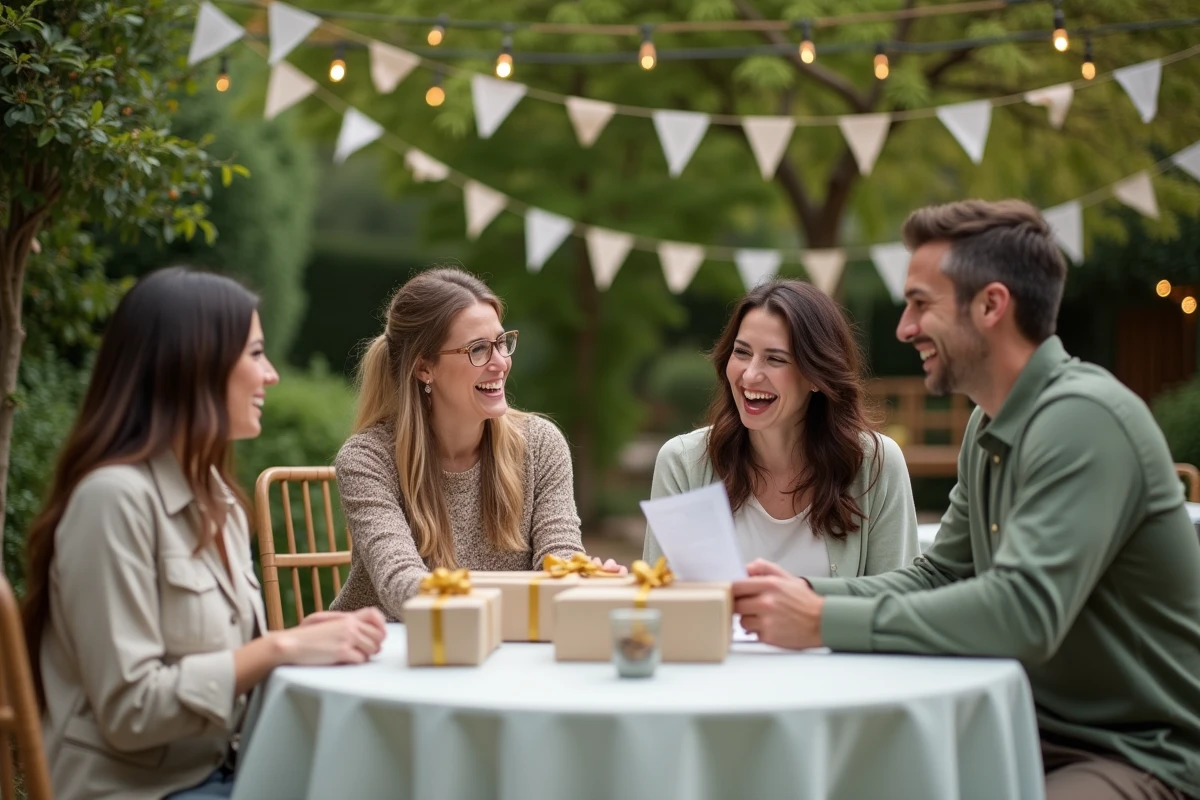 Groupe d'amis réunis lors d'une baby shower en jardin autour d'une table décorée avec des cadeaux et une liste de naissance