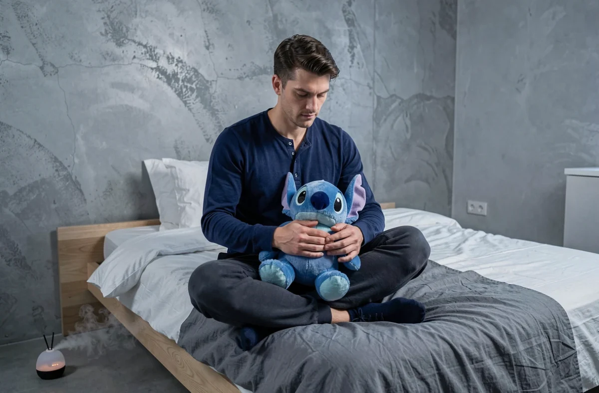 Homme adulte tenant une peluche Stitch respirante sur ses genoux avant de dormir pour gérer son anxiété