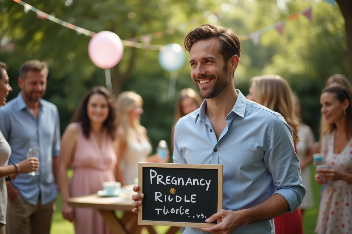Homme présentant un tableau avec une énigme lors d
