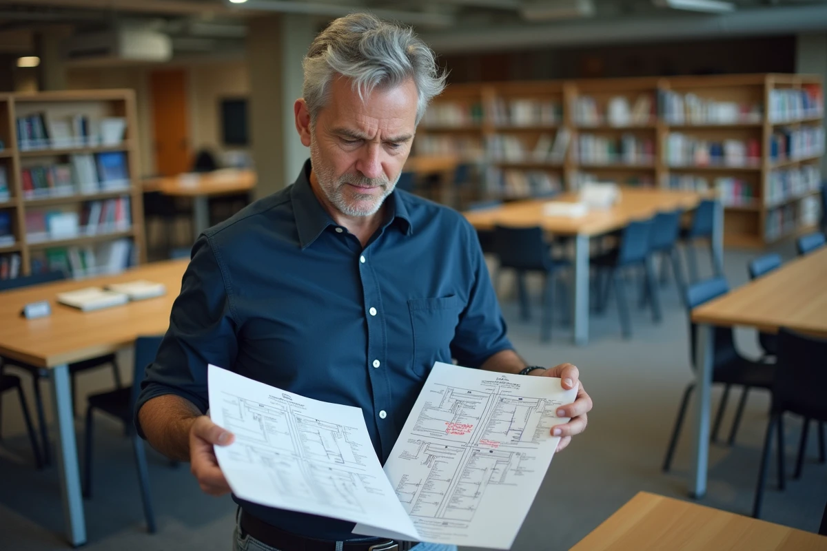 Homme comparant deux arbres généalogiques imprimés dans une bibliothèque, identification des erreurs de généalogie