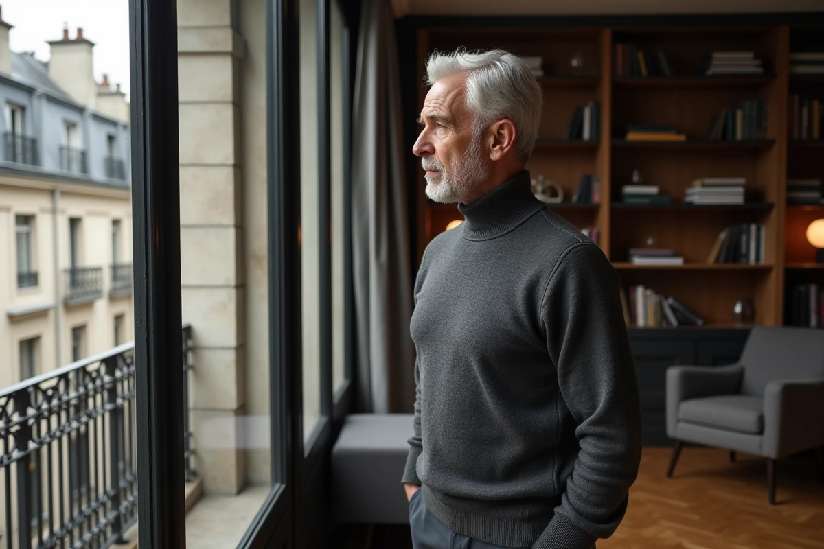 Homme distingué aux cheveux gris contemplant Paris depuis la fenêtre d'un appartement moderne et élégant