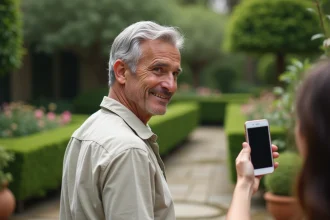 Homme discret dans un jardin français évitant subtilement d'être photographié par un inconnu