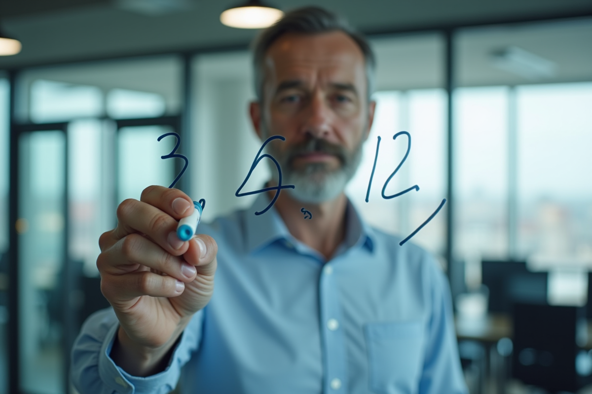Homme d affaires écrivant 3 6 9 12 sur un glassboard