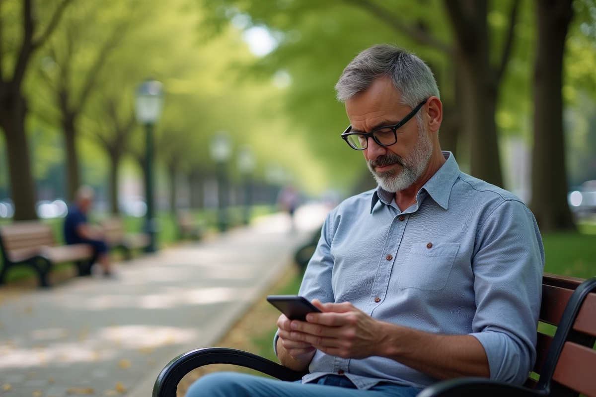 Homme d age moyen tapant sur son smartphone en plein air