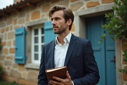 Homme pensif devant sa maison d'enfance en portrait naturel