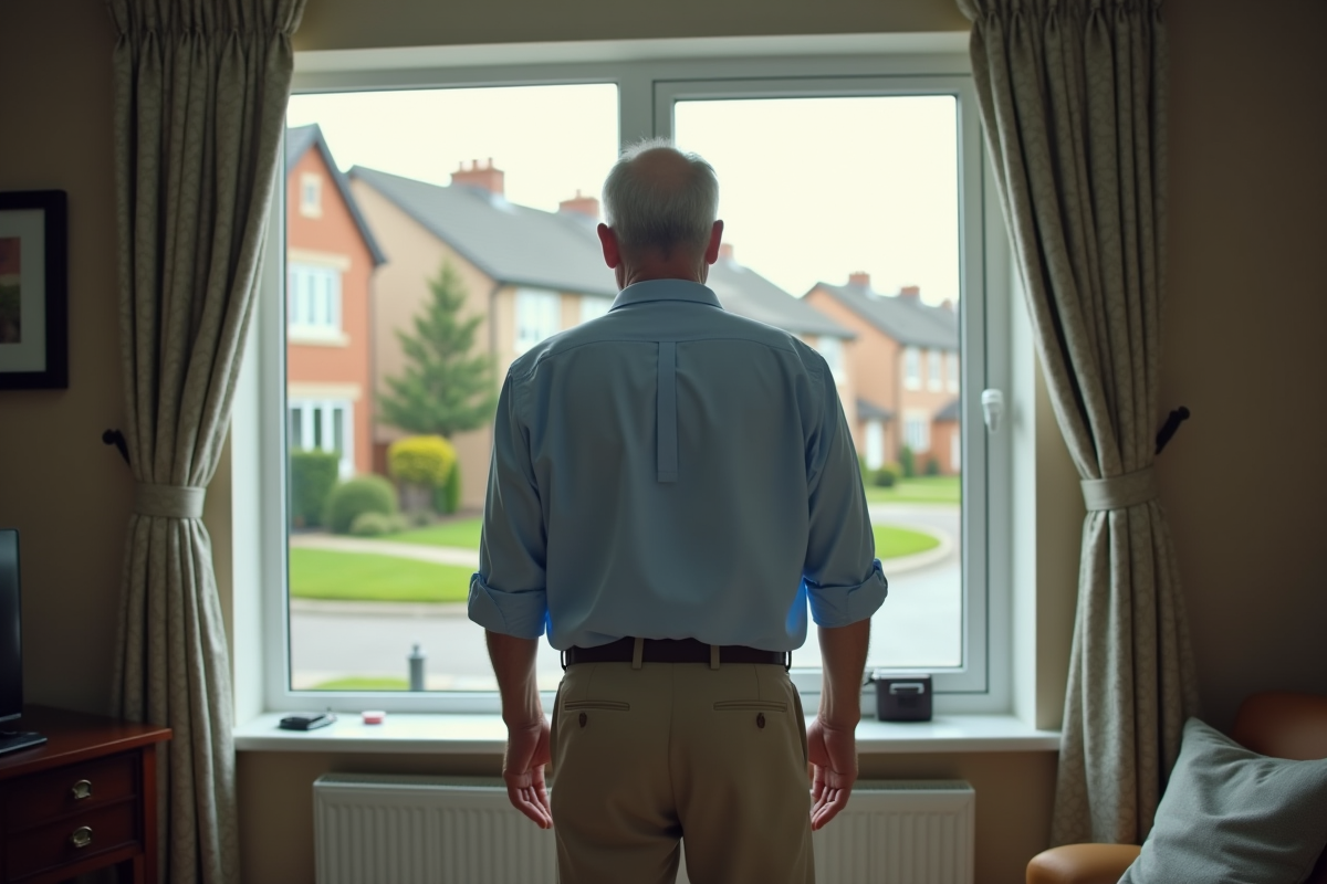 Homme regardant par la fenetre dans un salon cosy