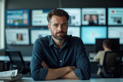 Homme contemplatif entouré d'écrans de presse dans une salle de rédaction moderne illustrant la construction médiatique d'une image publique