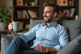 Homme détendu assis sur un canapé dans un salon moderne