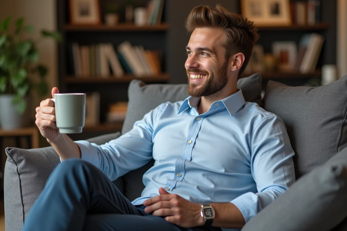 Homme détendu assis sur un canapé dans un salon moderne