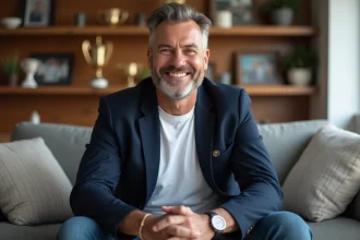 Homme souriant dans un salon familial chaleureux