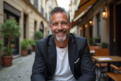 Homme souriant attablé en terrasse d'un café parisien, illustrant une personnalité publique masculine connue du grand public