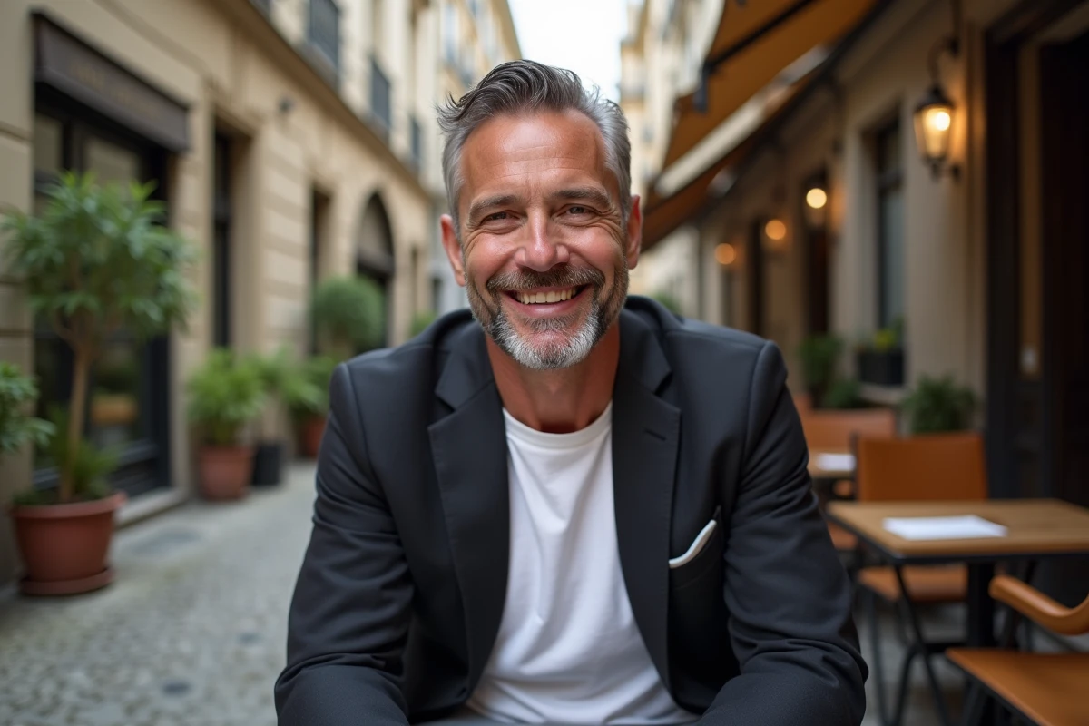 Homme souriant attablé en terrasse d'un café parisien, illustrant une personnalité publique masculine connue du grand public