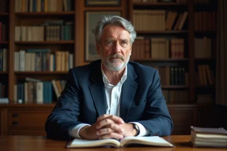 Homme d'âge moyen dans une bibliothèque chaleureuse