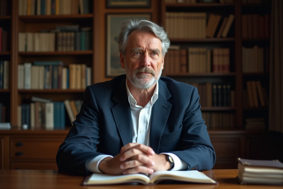 Homme d'âge moyen dans une bibliothèque chaleureuse