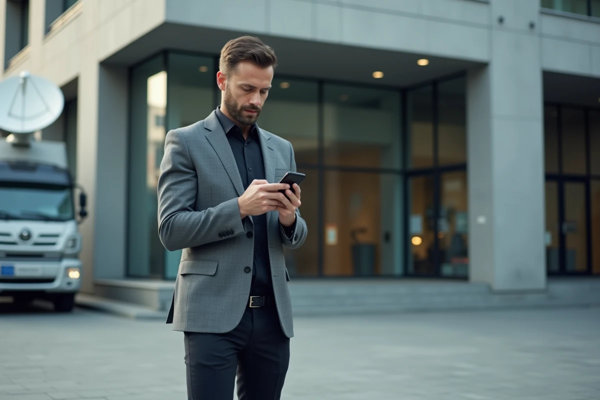 Homme devant un studio de télévision consultant son smartphone illustrant l'influence des médias audiovisuels sur la réputation publique