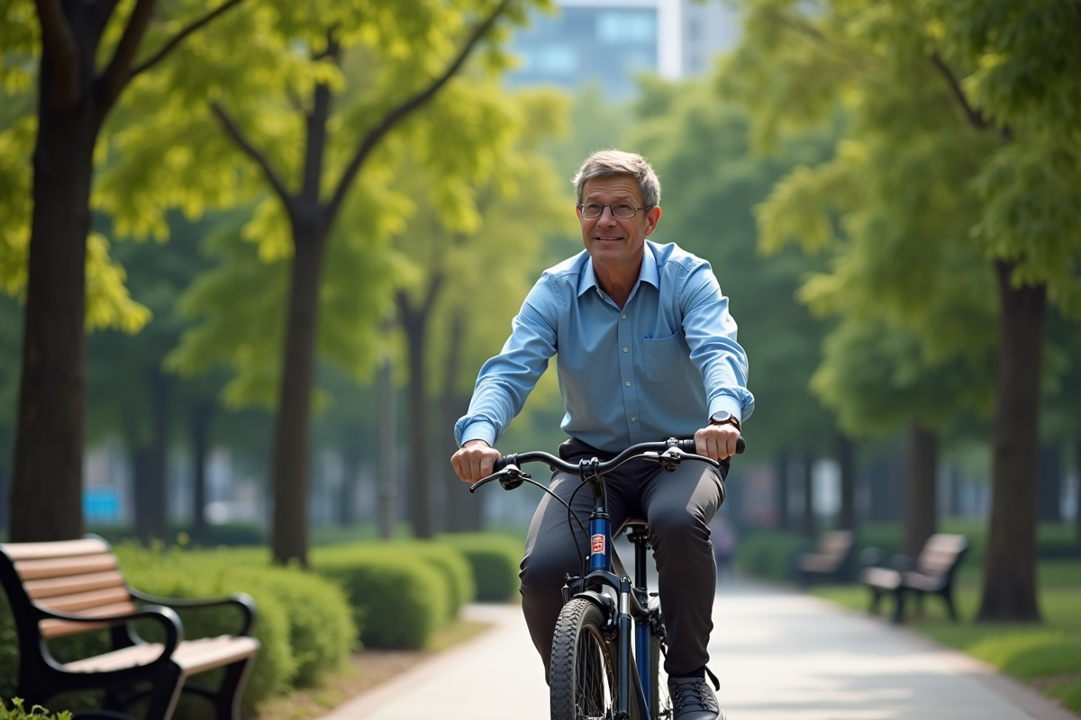 Homme à vélo dans un parc urbain ensoleillé