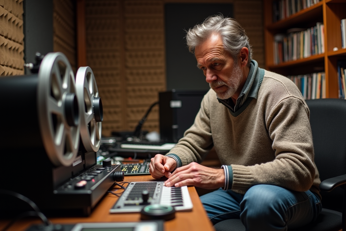 Ingénieur du son dans un studio avec magnétophone vintage