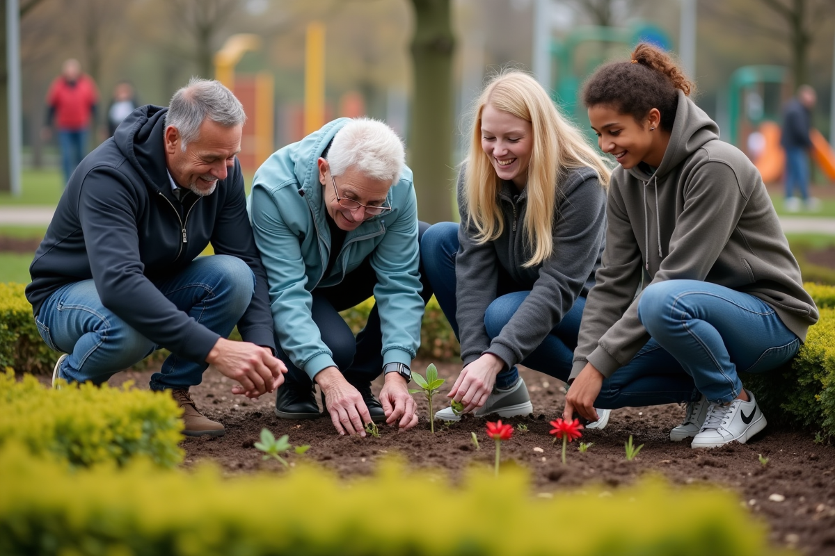 Groupe de personnes plantant des fleurs dans un parc public