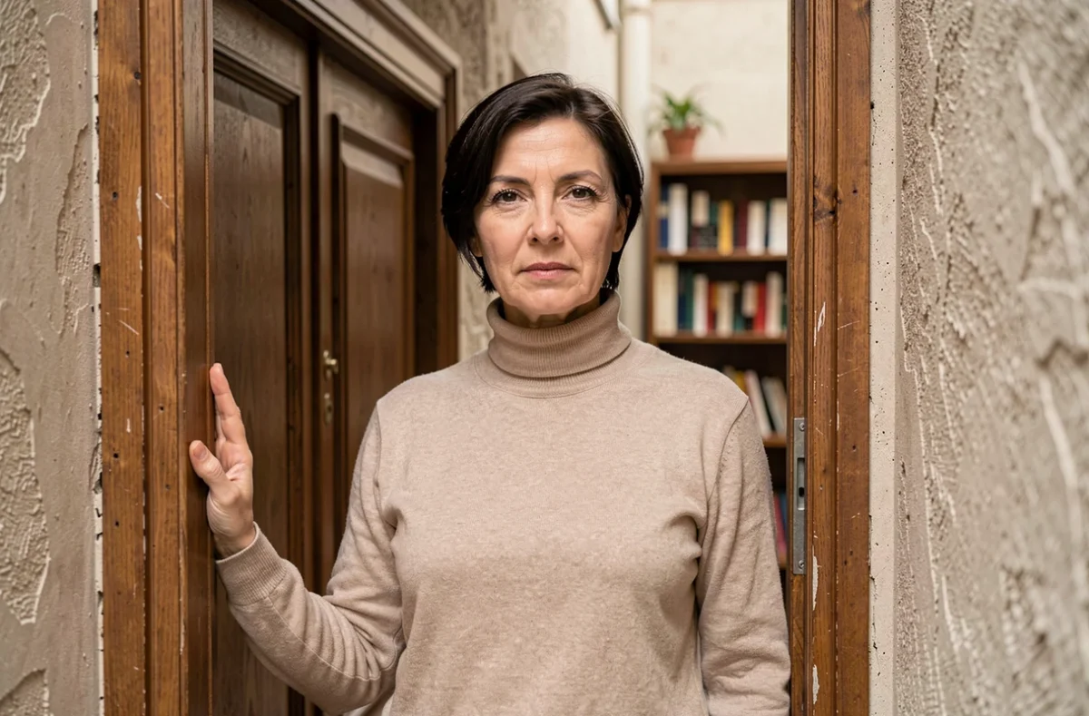 Femme à la porte de son appartement parisien, symbolisant la discrétion et le mystère autour de la vie amoureuse de Jeanne Cherhal