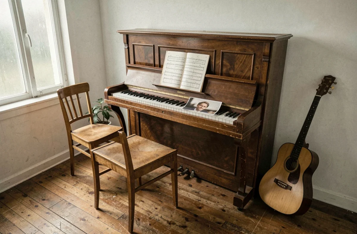 Piano vintage et chaise vide dans une salle de répétition, évoquant la part de mystère dans la vie personnelle de Jeanne Cherhal
