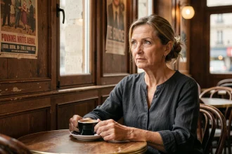 Femme française pensive assise seule dans un café parisien, illustrant le mystère de la vie privée de Jeanne Cherhal