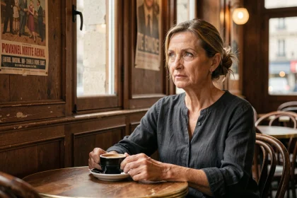 Femme française pensive assise seule dans un café parisien, illustrant le mystère de la vie privée de Jeanne Cherhal