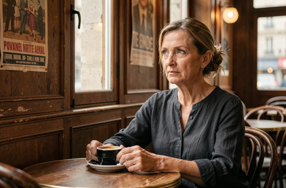 Femme française pensive assise seule dans un café parisien, illustrant le mystère de la vie privée de Jeanne Cherhal