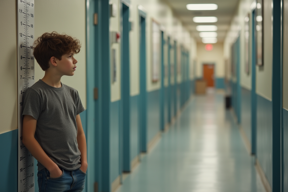 Jeune garçon de 15 ans vérifiant sa taille dans un couloir d'école
