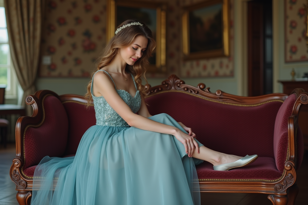 Jeune femme en robe bleue glisse une slipper délicate