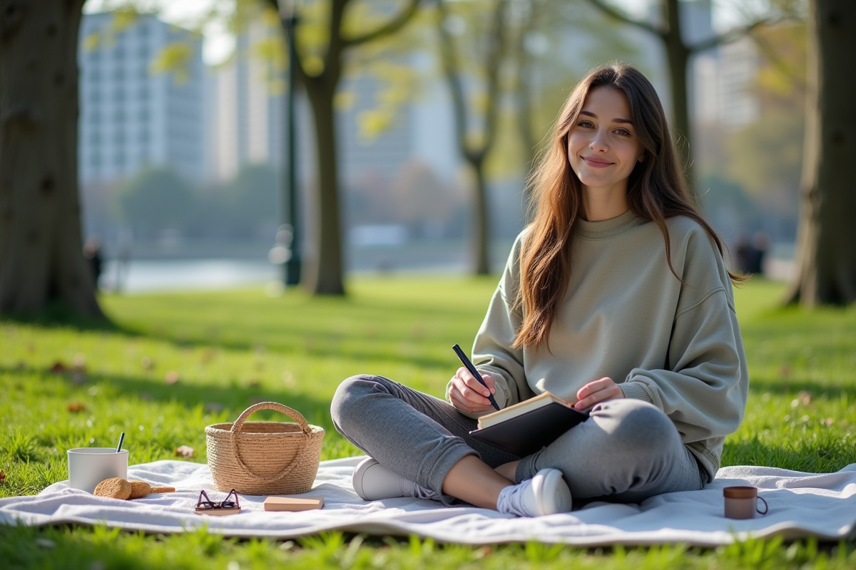 Jeune femme dessinant dans un parc urbain en plein air