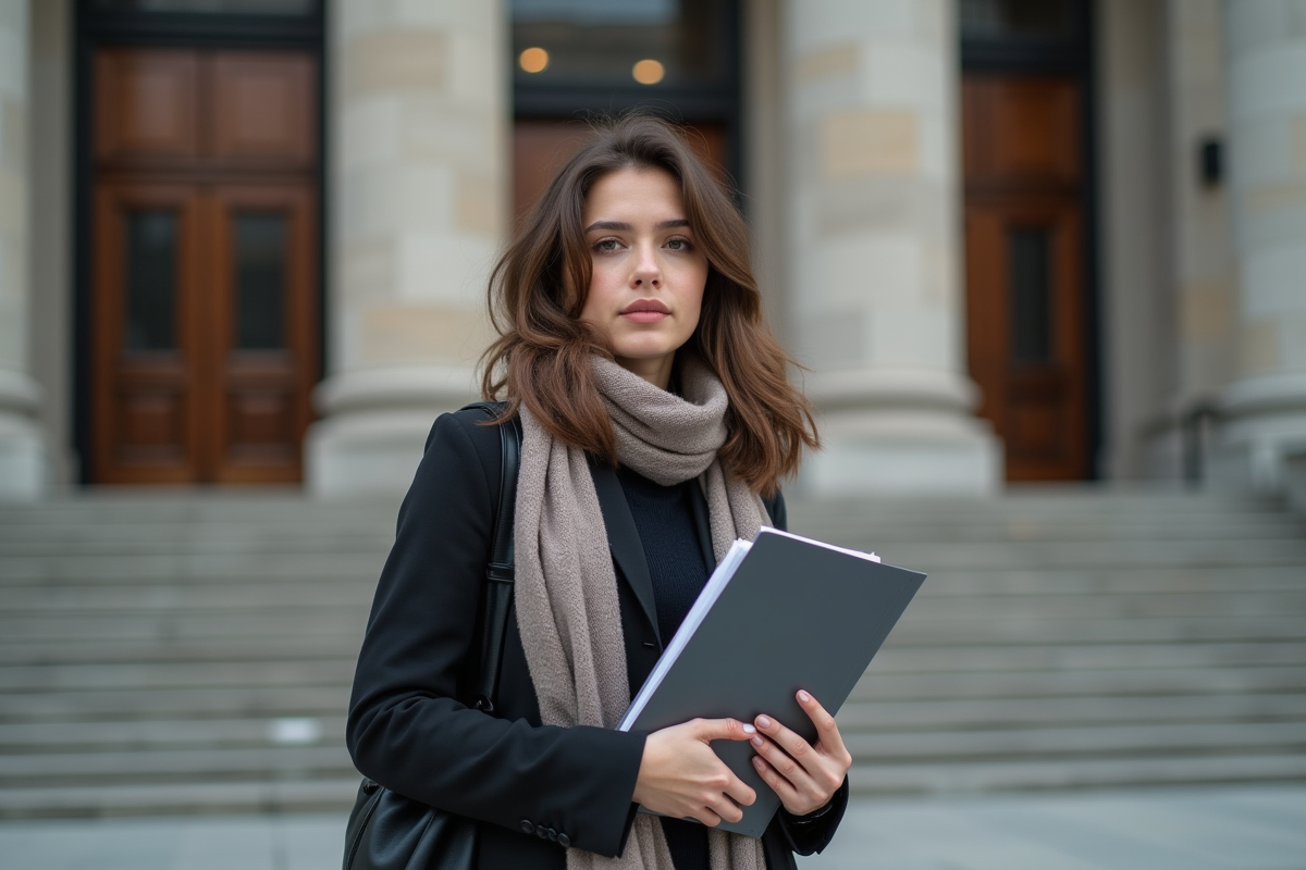Jeune femme debout devant un tribunal en tenue professionnelle