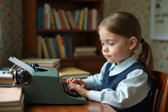 Jeune fille en uniforme tapant sur une machine à écrire vintage