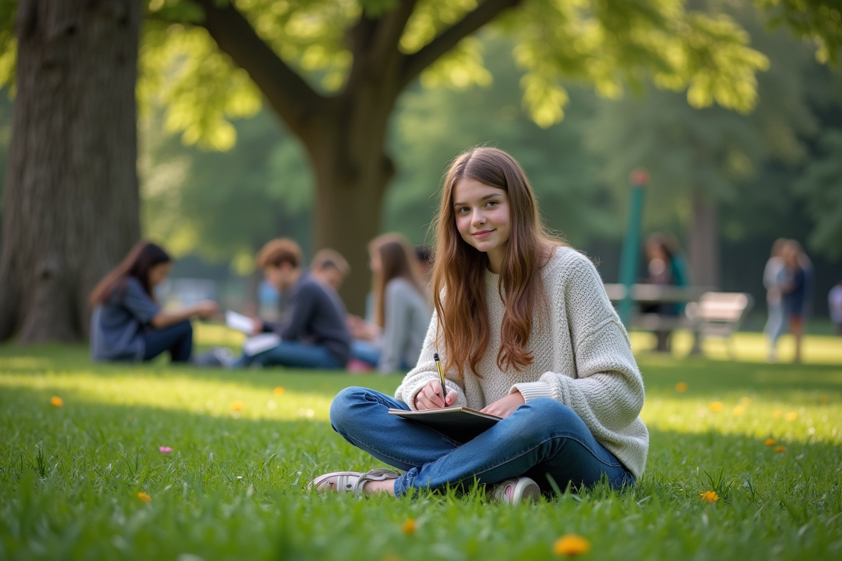 Jeune fille dessinant dans un parc avec amis