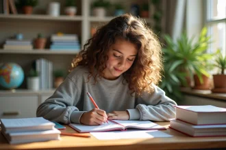 Jeune fille de 16 ans écrivant dans un agenda coloré dans sa chambre lumineuse