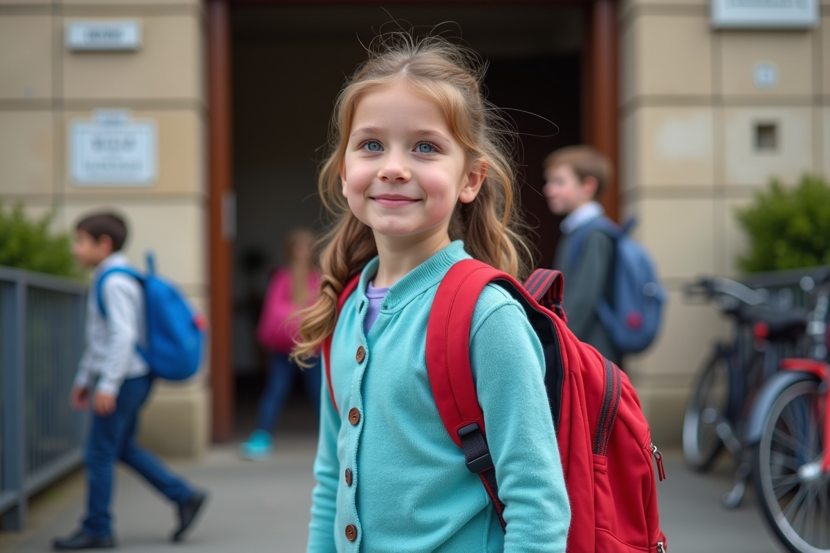 Jeune fille avec sac à dos devant école primaire