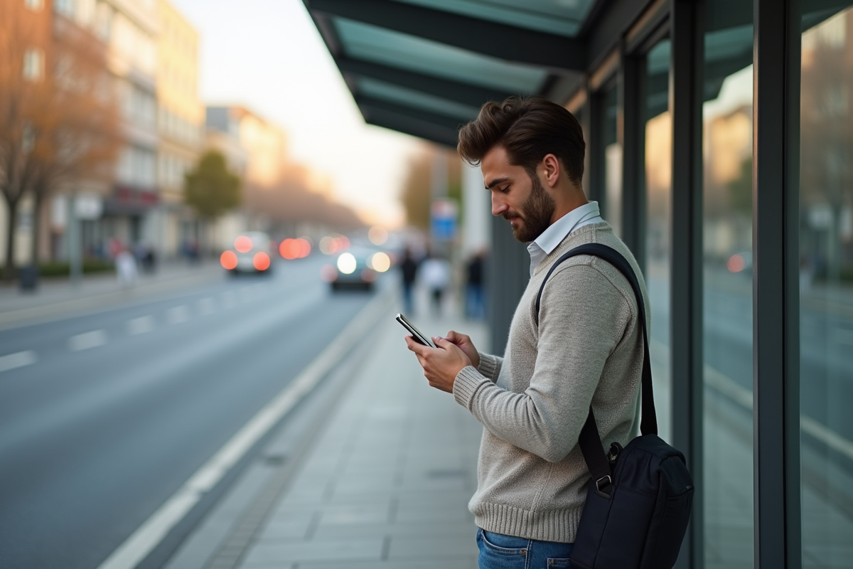 Jeune homme écrit sur son smartphone à un arrêt de bus