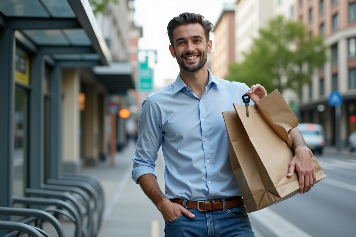 Jeune homme avec clés et sac dans la ville